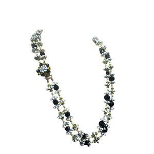 Double Strand Retro Necklace Flower Beads Plastic Glass Green White Black Gold